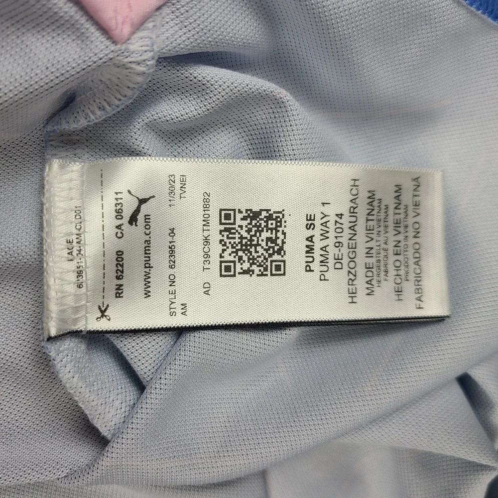 PUMA Arnold Palmer Polo Shirt Mens Large Blue Pink Performance Golf Short Sleeve